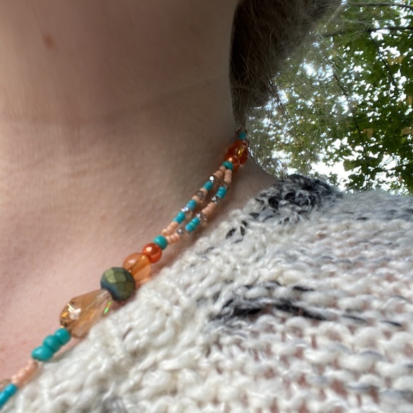 Handmade Boho Necklace Leaf Centre & Peach & Turquoise Beads & Matching Earrings - Picture 6 of 12